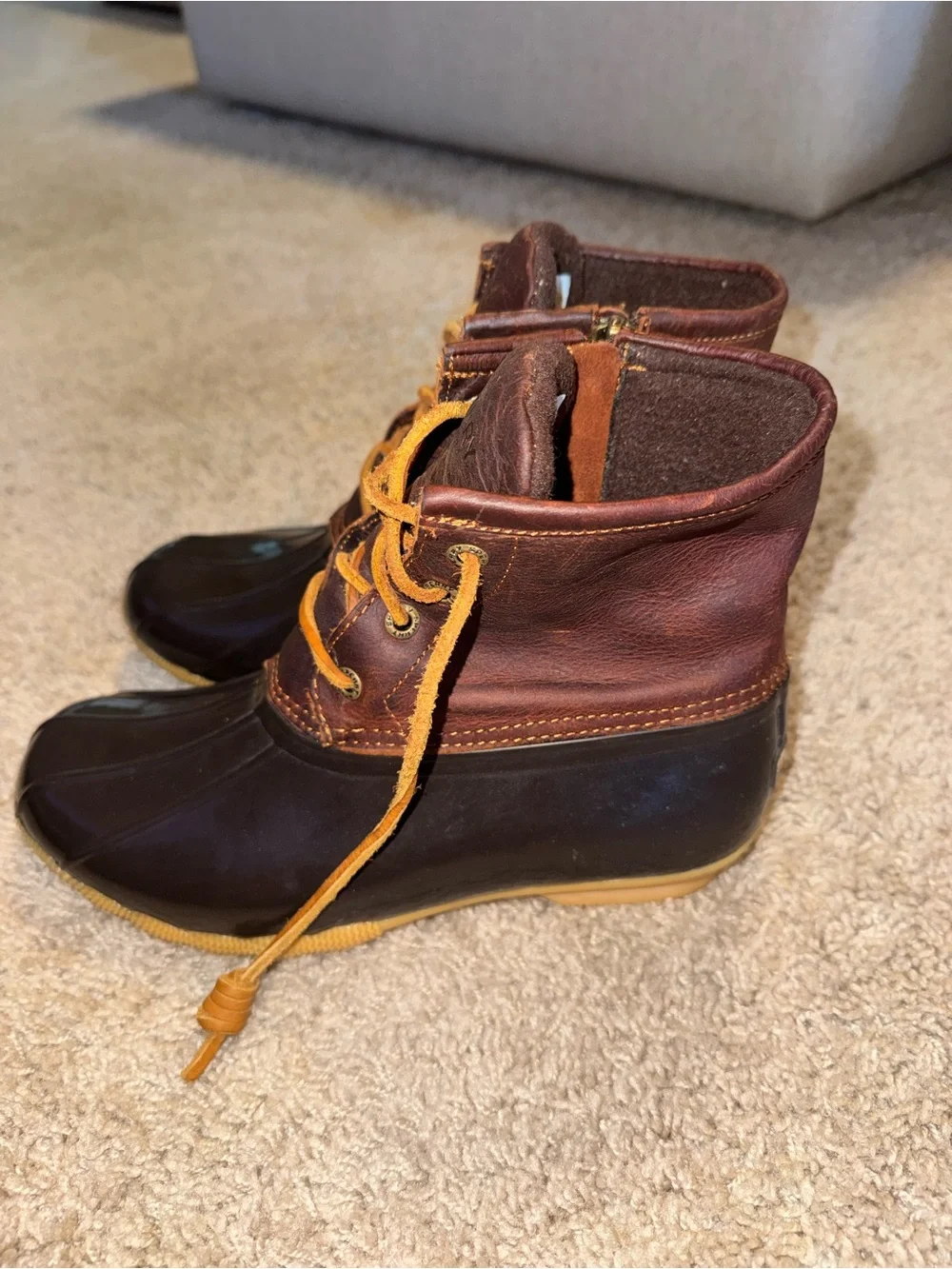 Sperry Dark Brown Leather & Black Rubber Duck Boots with Tan Laces
